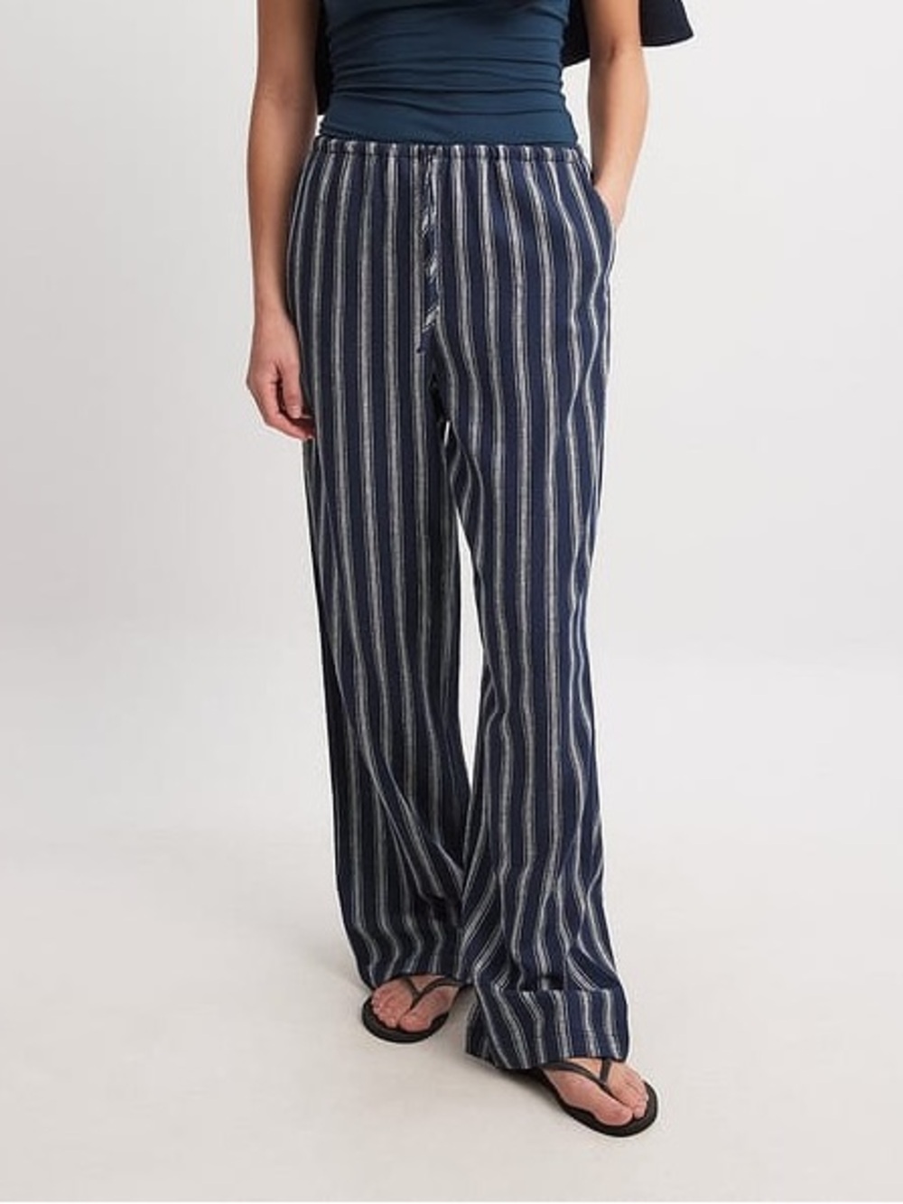 Relaxed Straight Leg Linen Blend Pants, in Navy Stripe